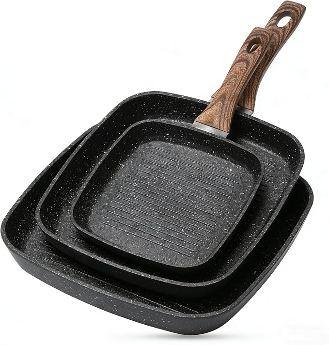 Simple Deluxe 3 Pieces Nonstick Grill Pan Set, Square Versatile Griddle Pans with Wooden Handle, Durable Skillet Indoor & Outdoor Use, All Stovetops Compatible(9.5", 10.2", 11"), PFOA Free, Black