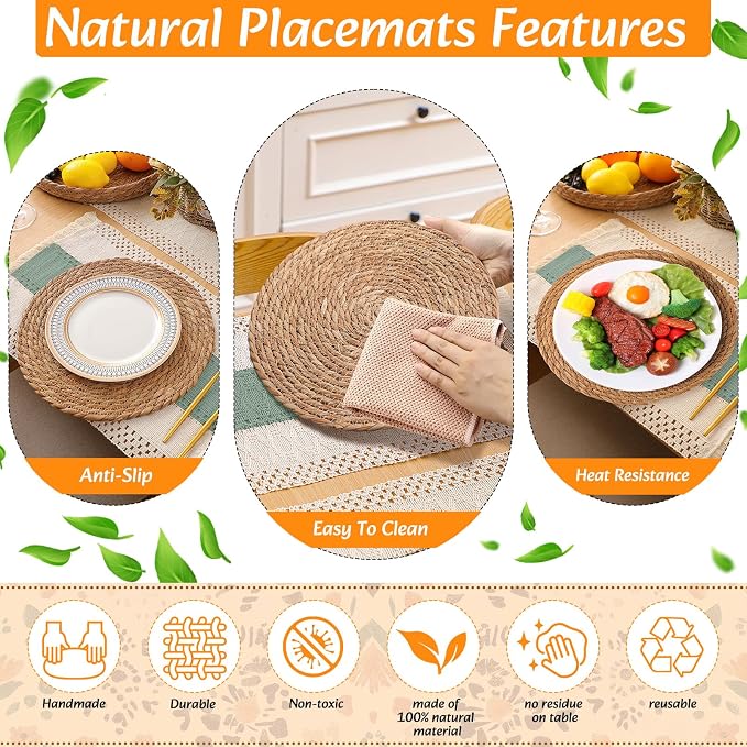 6 Sets Boho Decoration Placemats Round Woven Placemats, Cloth Napkins, Wood Bead Napkin Rings, Long Table Runner and Farmhouse Burlap Cotton for Table Kitchen (Green,12x72)