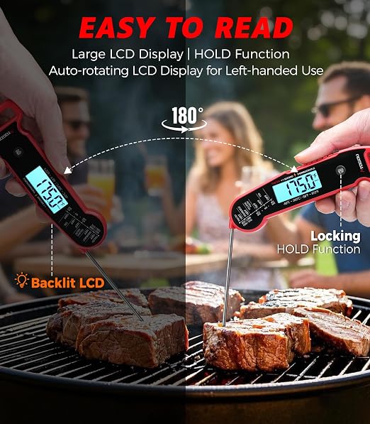 Atogou Professional Meat Thermometer Digital, <1 Sec Instant Read, Red | ±0.5℉Accuracy, IP67 Waterproof, Thermocouple Sensor Probe, with Hold, Magnetic Back, for Kithchen, BBQ, Grill for Men Him Dad