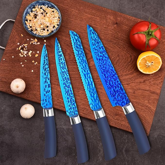 Rainbow Kitchen Knife Set Non Stick Knives Set with Block Thick Blade Cutlery Knife Block Sets Chef Sharp Quality for Home & Pro Use Best Gift (Blue Handle- Rugged Blue Blade)