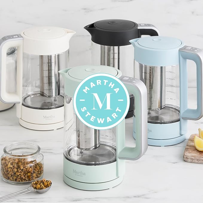 Martha Stewart 1.7L Glass Carafe Electric Kettle with Removable Tea Infuser | 7 Cups, 4 Presets, Rapid Boiling, Stainless Steel Tea Leaf Infuser, Cordless Swivel Base, Keep Warm, Auto Shut-Off, Indigo