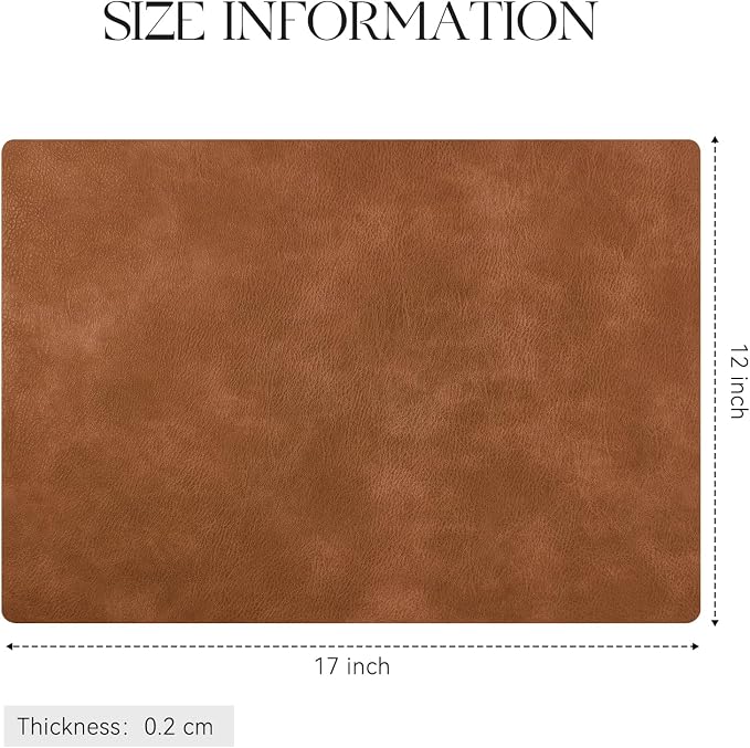 MOSAYT Vinyl Placemats Set of 12-12 X 17 Inch - Faux Leather 100% Waterproof Oil-Proof Wipeable PU Place Mats, Heat Resistant Reversible Table Mats for Kitchen, Dining, Outdoor, Reddish Brown