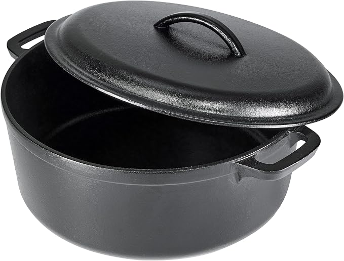 Amazon Basics Pre-Seasoned Cast Iron Dutch Oven Pot with Lid and Dual Handles, Oven Safe, Heavy-Duty, 7-Quart, Round, Black