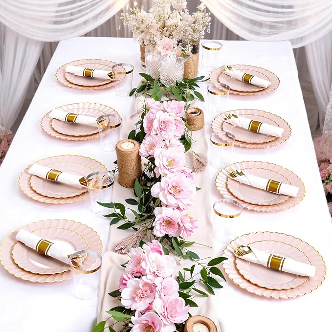 YOUBET 350PCS Pink Scalloped Plastic Plates for Wedding Party | Pink and Gold Disposable Dinnerware Set Include 100 Plates, 150 Gold Silverware, 50 Cups, 50 Napkins