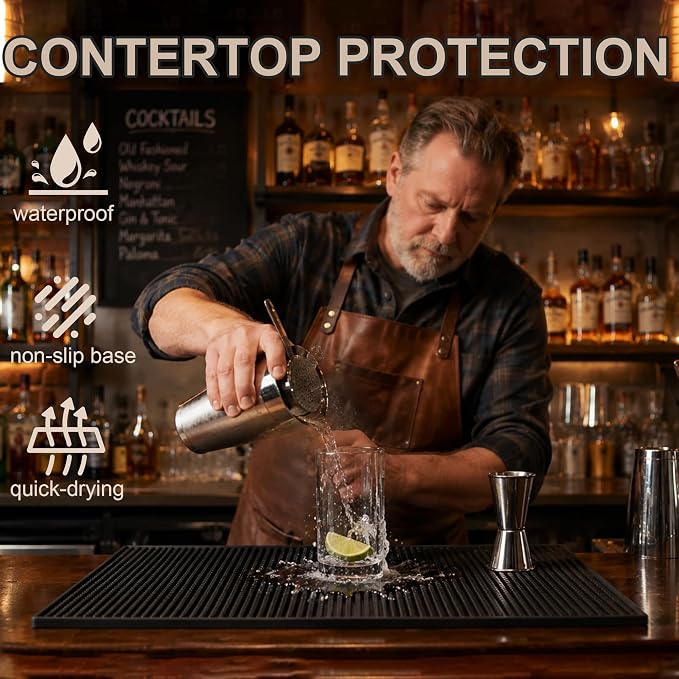 4 Pack Bar Mats for Countertop, Bacohay 18" x12" Rubber Coffee Bar Mat | Non-slip dish drying mats with 4 coasters, Easy to clean spill mats for bartending, coffee bar, kitchen, restaurant, home bar