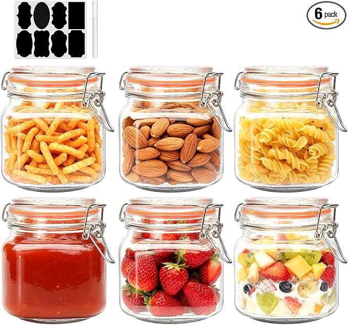 25 oz Glass Jars With Lids, 6 Pack Airtight Pickling Jars | Leak Proof Rubber Gasket, Wide Mouth Food Storage Jars for Kitchen, Pickles, Jam, Overnight Oats, Snacks