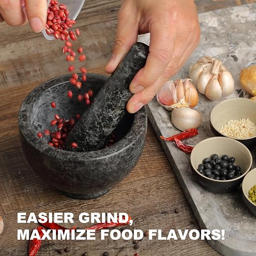 African Natural Granite Mortar and Pestle Set, Grinder Bowl for Guacamole, Salsa, Pill Crusher, Spice, Herb, Garlic, Nut, Heavy Duty Grinder for Kitchen (Glossy Finish)