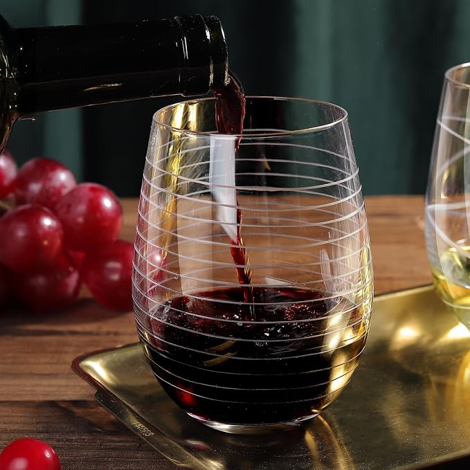 Joeyan Hand Blown Etched Stemless Wine Glasses with Dots Strips Pattern for Red Wine,Large Carved Drinking Glass Cups Tumblers for Wedding Anniversary Party Home,Set of 4,17.5 oz