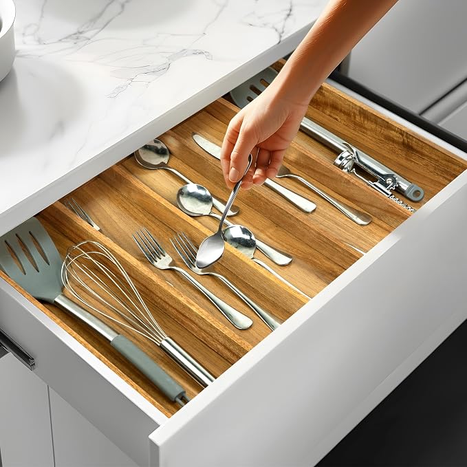 VaeFae Bamboo Drawer Organizer, Large, Acacia | Expandable Silverware Organizer, Kitchen Utensil Storage, Wooden Cutlery Tray with Dividers, Fork and Spoon Holder