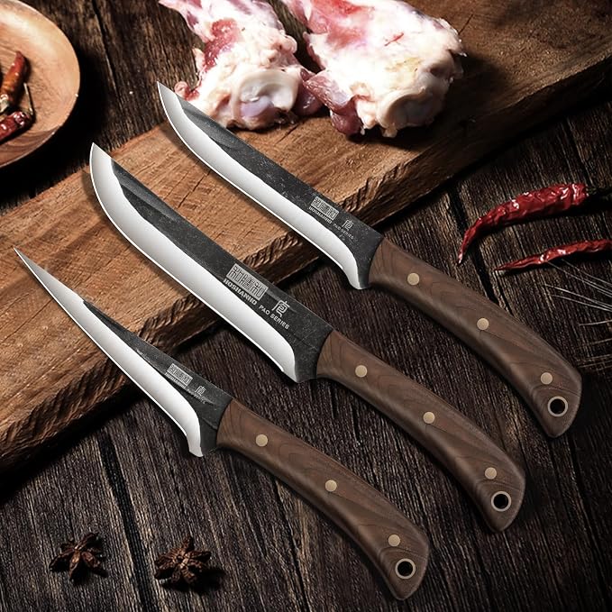 HOSHANHO Butcher Knife Set 3PCS, Sharp Fillet & Utility & Paring Knife Set | Hand Forged Kitchen Knife Set, Upgraded High Carbon Stainless Steel Meat Cutting for Home, Outdoor, Gift for Men