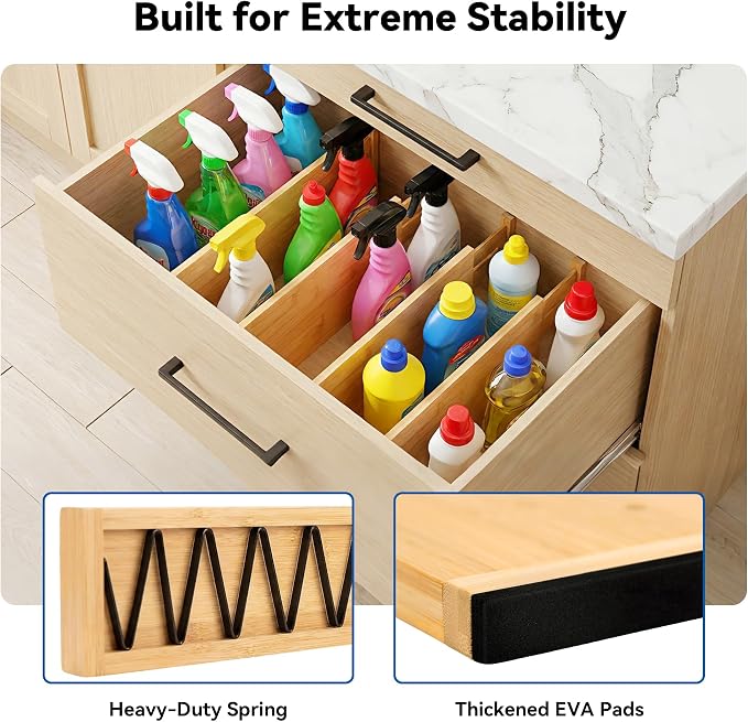 4 Pack 6" Deep Bamboo Drawer Dividers, 17-22" Expandable Kitchen Organizers | Adjustable Spring-Loaded Tension Separators with Foam Pad for Clothes, Utensils, Kitchen, Dresser, Nursery & Bathroom