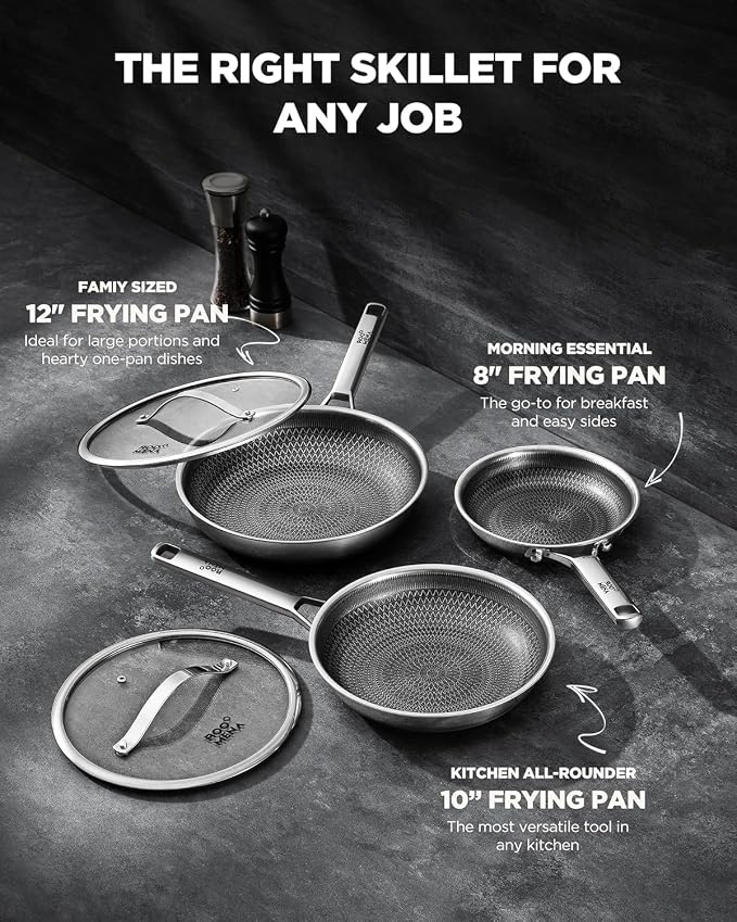 Nonstick Frying Pan Set with 2 Lid, Non-Toxic Tri-Ply Hybrid Ceramic Skillet 3 Piece, 8, 10 & 12 Inch Stainless Steel Pans, PFAS/PFOA/PTFE Free, Dishwasher & Oven Safe, Induction Compatible