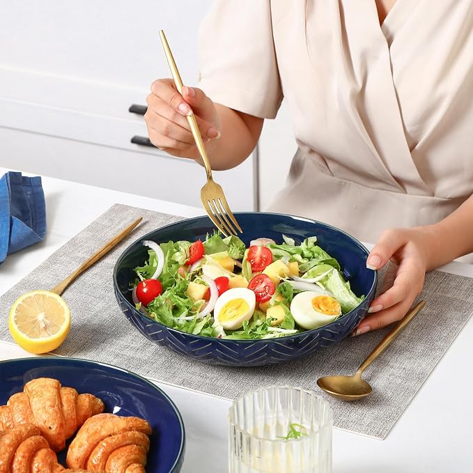 Sureasy 9.7" Pasta Bowls Set of 4-42 oz Large Salad Bowls for Kitchen, Embossed Ceramic Serving Bowls for Fruits, Soup, Pasta and Salad, Microwave & Dishwasher Safe, Blue