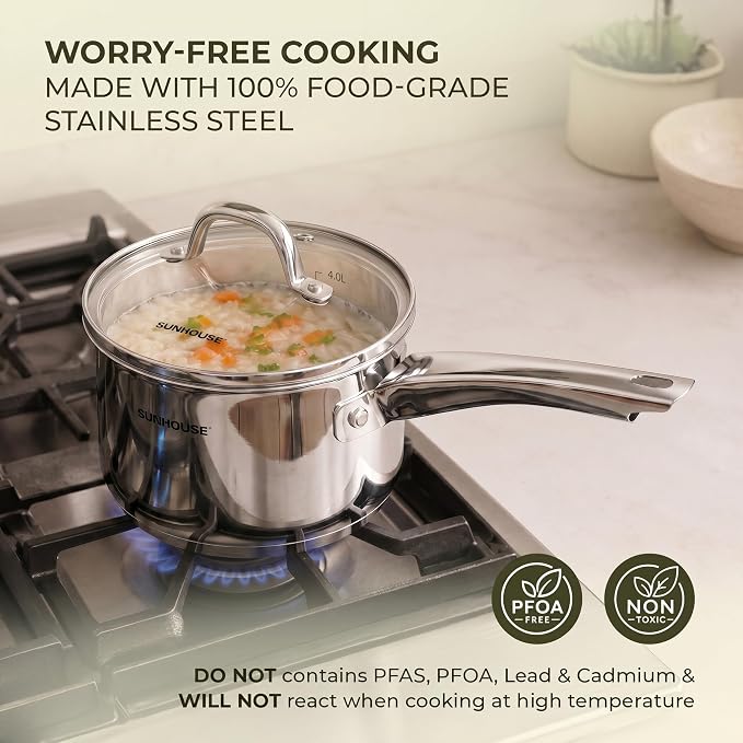 SUNHOUSE 4 QT Stainless Steel Sauce Pan with Lid, Small Pot for Cooking | PFOA-Free Uncoated Milk Pan & Butter Warmer, Saucepan with Impact Bonding Base for Induction, Gas, Electric