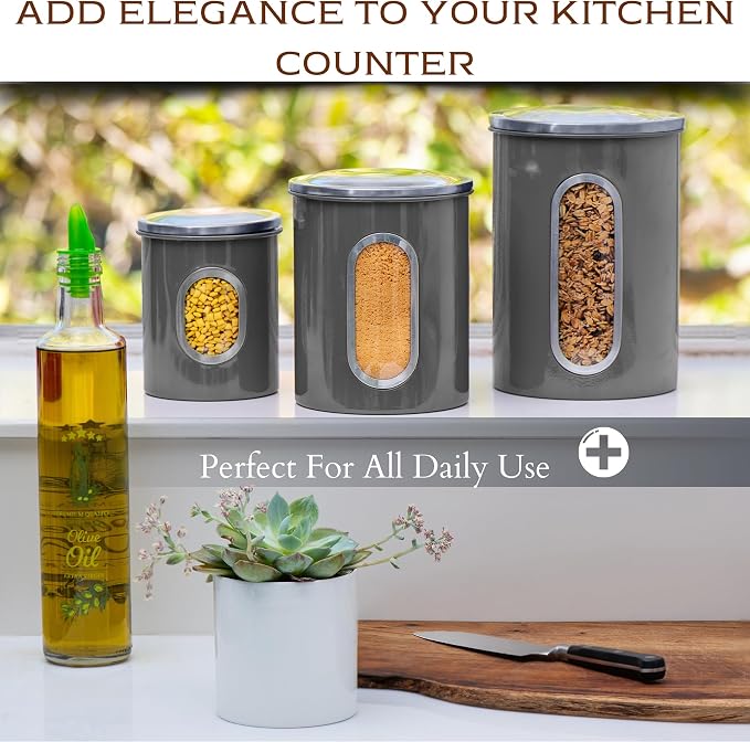 Moss & Stone 3-Pcs Gray Canisters Set for Kitchen Storage Airtight Jars | See-through window, coffee container, tea organizer, sugar canister, 3 nesting sizes, counter decor, easy press-on lids