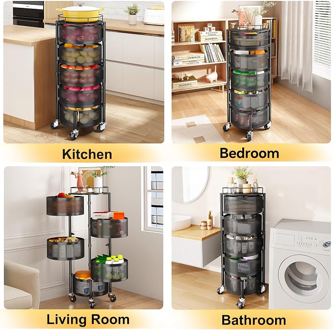 SNTD Fruit and Vegetable Basket Bowls for Kitchen with Metal Top Lid, 5 Tier Rotating Storage Rack Cart for Potato Onion Bread Banana, Wire Basket Organizer on Wheels, Large, Black