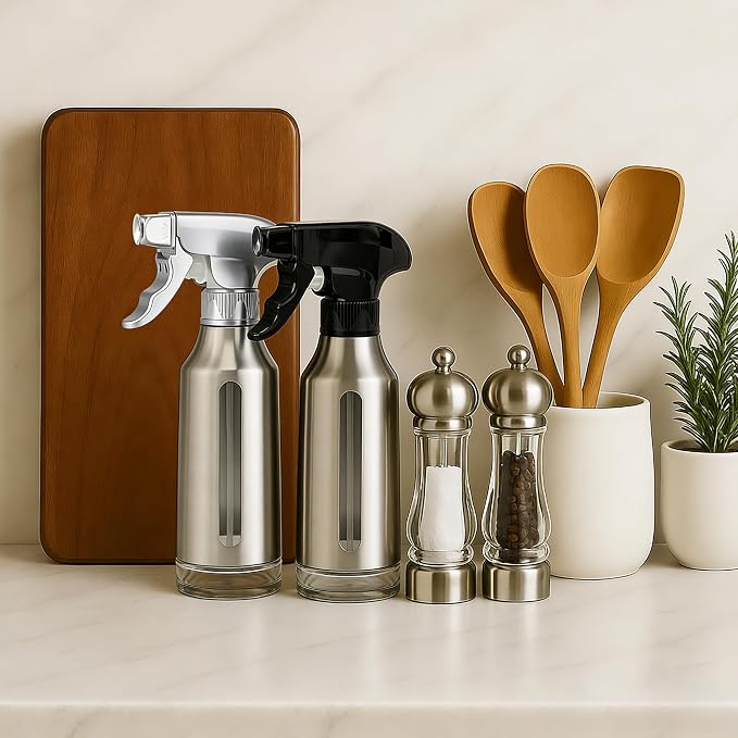 Oil Sprayer for Cooking 180ml, Olive Oil Mister with Fine Mist Trigger, Stainless Steel Refillable Glass Dispenser Bottle 6.35oz for Air Fryer BBQ Salad & Baking (Black+Stainless Steel)