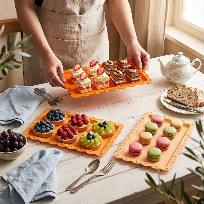 6 Pcs Orange Serving Trays Plastic Platters Dessert Cupcake Holder Party Supplies 14.4 x 9.3 Inches Rectangular Cookie Snack Display Tray for Wedding Restaurant