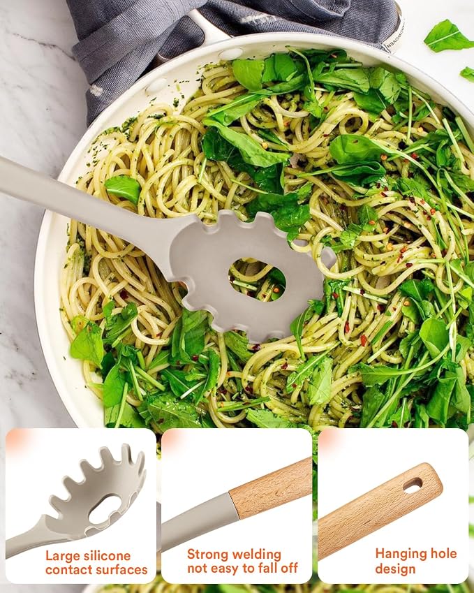 13PCS Silicone Kitchen Utensils Set for Nonstick Cookware, Khaki | Food Grade, Heat Resistant Kitchen Utensil Spatula Set, Wooden Handles Kitchen Gadgets Tools Set