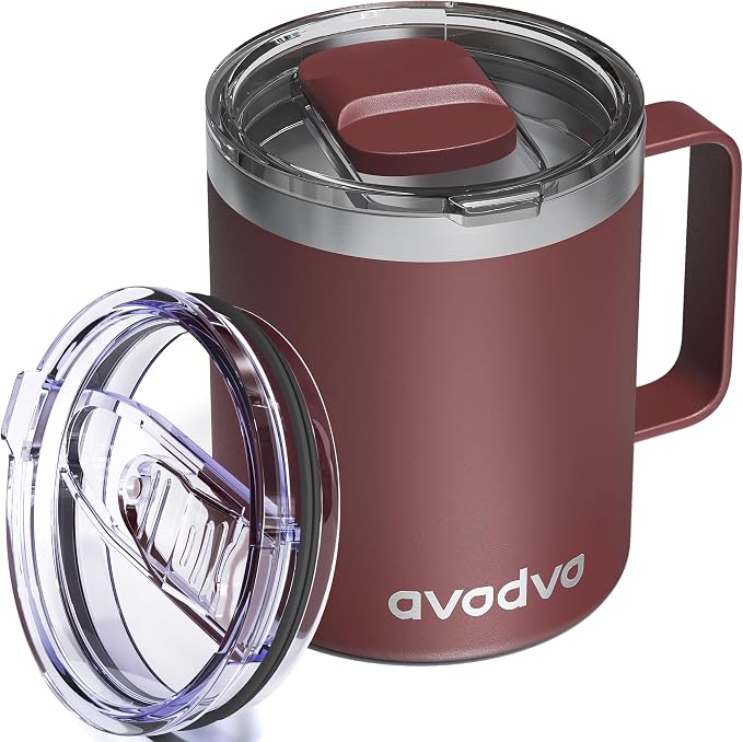 12oz Insulated Coffee Mug with Lid – Includes Two Lids, Stainless Steel Coffee Travel Mug with Handle, Double Wall Vacuum Insulated Camping Mug for Home, Office & Outdoor, Red