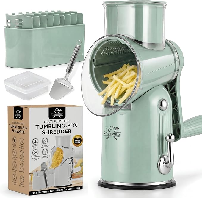 Rotary Cheese Grater Hand Crank, 5 in 1 Vegetable Slicer, Manual Cheese Shredder with Stainless Steel Blades, Food Grater for Cheese Vegetables Nuts, Suction Base, Easy Clean, Green