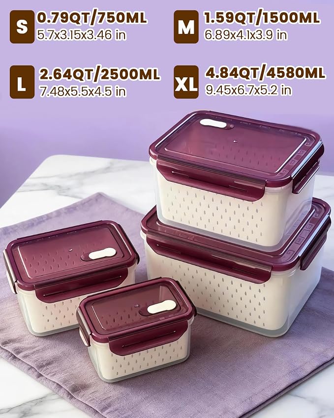 TBMax 8 Pieces Airtight Fruit Storage Containers for Fridge with Air Circulation Vent, 4 Pack Produce Saver with Colander for Berry Lettuce Salad Vegetable Storage, Refrigerator Organizers -Purple