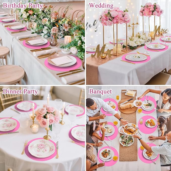 SHACOS 100 pcs Ultra Pink Round Disposable Placemats 13 inch Colored Paper Place Mats for Wedding Birthday Party Bridal Baby Shower Table Decoration