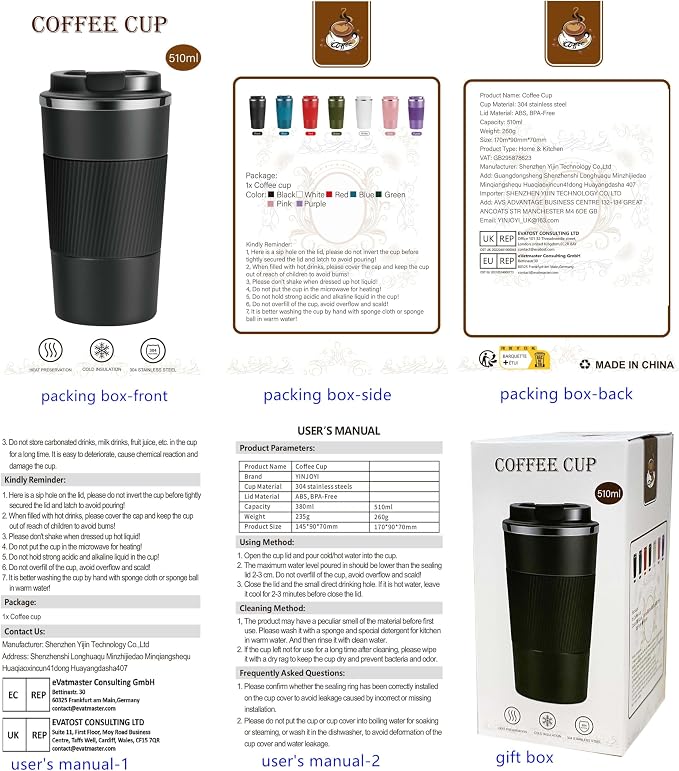 YINJOYI 17oz Travel Coffee Cups Insulated Mug Thermal Tumbler to Go with Lid Leak Proof Reusable Stainless Steel Coffee Mug Spill Proof for Hot and Iced Cold Drinks (Purple, 510ml)