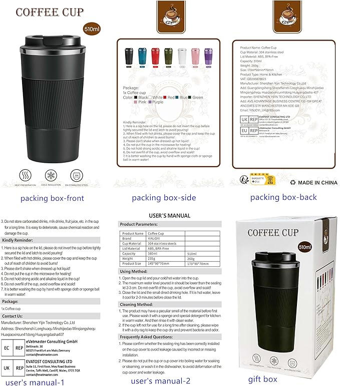 YINJOYI 17oz Travel Coffee Cups Insulated Mug Thermal Tumbler to Go with Lid Leak Proof Reusable Stainless Steel Coffee Mug Spill Proof for Hot and Iced Cold Drinks (Blue, 510ml)