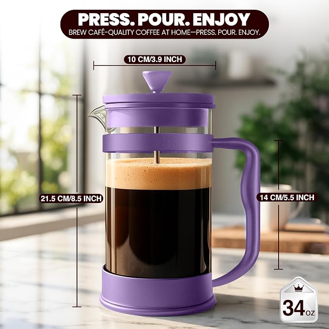 Utopia Kitchen Borosilicate Glass French Press Coffee Maker 34 Oz, Plum | Heat-Resistant Cafetiere & Tea Maker, Thickened Glass Coffee Press for Travel and Camping