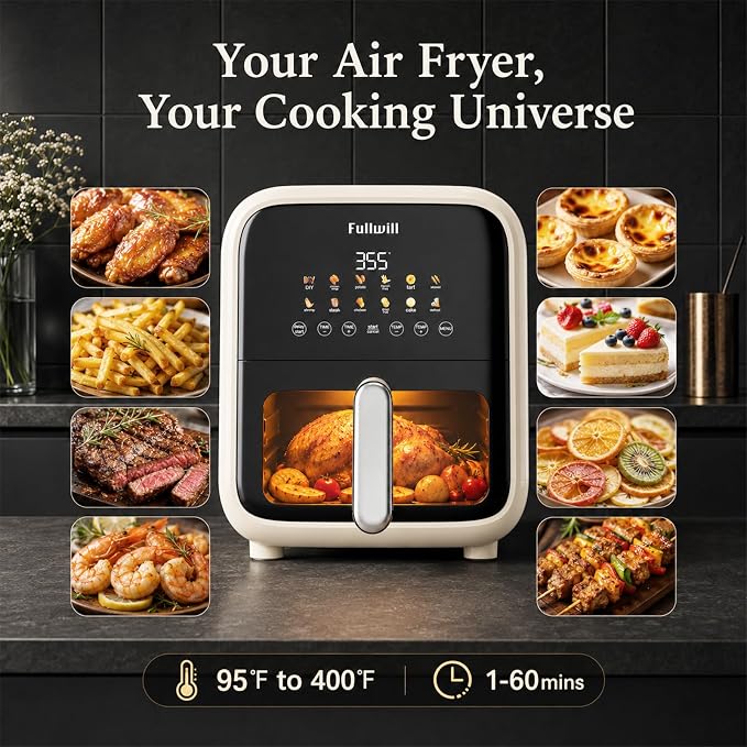 Fullwill Air Fryer with Visible Window, 7.5QT,12-in-1 Multi-Function Air Fry,Roast,Bake, Dehydrate, Fries,Nonstick and Dishwasher-Safe Basket,Family&friends Party,1700W,White