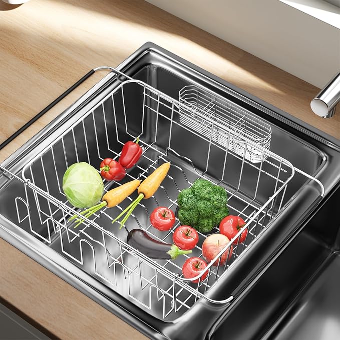 Fanbsy Dish Drying Rack in Sink, Extendable Stainless Steel Dish Drainers for Kitchen Counter, Anti-Rust Dish Dryer Rack with Utensil & Cup Holders, for Inside Sink, Over The Sink