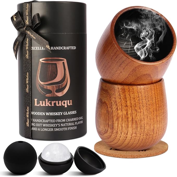 Charred Wood Whiskey Glass, Old Fashioned Bourbon Gifts for Men-2P | Handcrafted Oak Whiskey Tumbler, 10oz Collins Cup, Retirement, Birthday&Christmas for Dad Friend or Brother