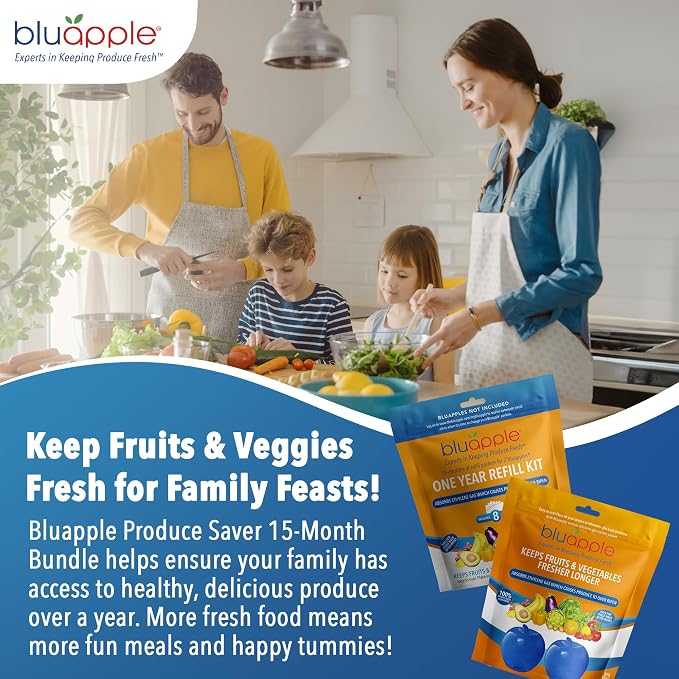Bluapple Produce Saver Ethylene Gas Absorber - Fresh Fruit & Vegetable Storage for Refrigerator, Kitchen Must Haves, Produce Keeper, Fruit Saver, Each Packet Lasts 3 Months, BPA Free - 15-Month Bundle