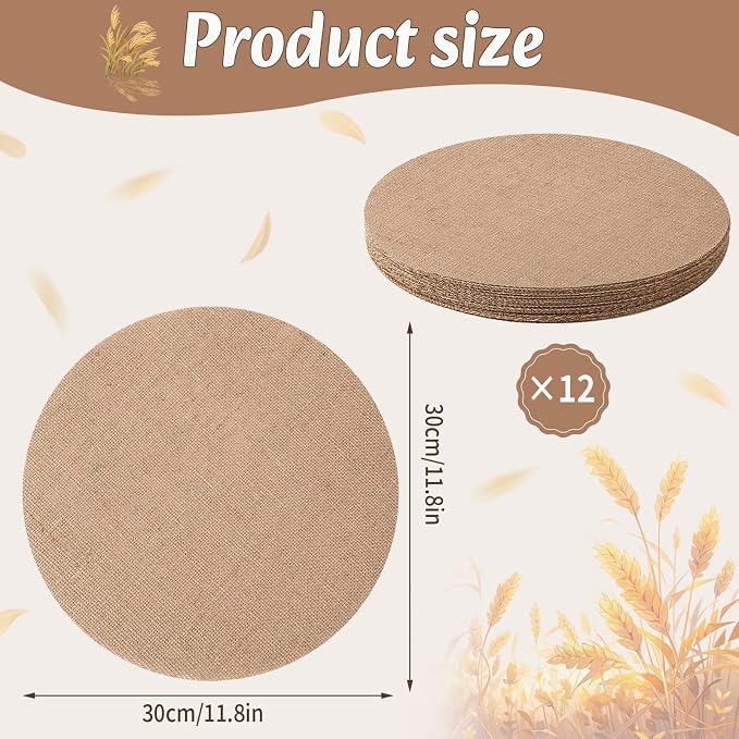 12 Pcs 11.8 Inch Burlap Round Placemats Bulk, Natural Table Mats | Jute Fiber Placemats, Heat Resistant Non Slip, Holiday Weddings Birthday Party, Kitchen Dining Table Decorations
