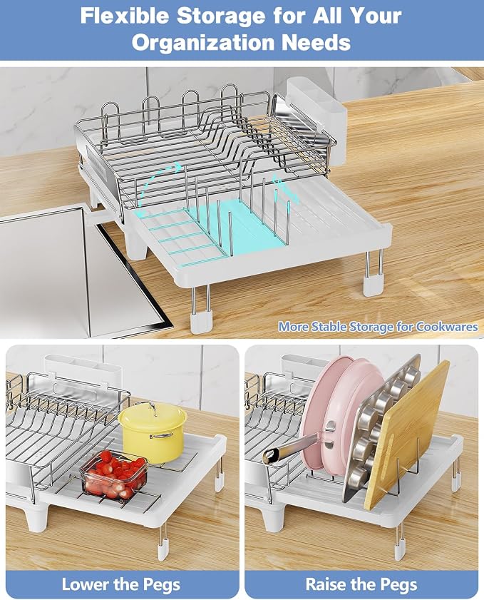 Expandable Dish Drying Rack, Dish Racks for Kitchen Counter, Stainless Steel 304, Flip-Top Retractable Plate, Multi-Directional Adjustable Dish Rack, Space Saving Large Drying Rack Kitchen, White