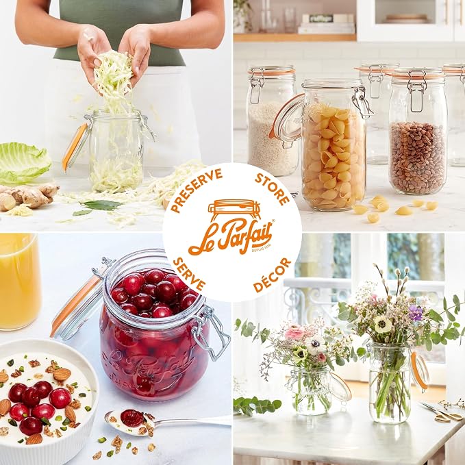 Le Parfait Super Jar 1L (32oz) Glass Canning Jar, Wire Bail Lid, 1 Pack | Airtight rubber seal for canning, preserving pickles, sauces and whole fruit, fermentation and pantry storage; Made in France