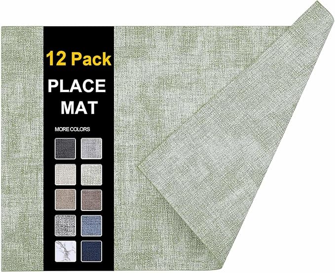 Faux Leather Heat Resistant Placemats 12 Packs, Waterproof Wipeable Dining PU Place Mats for Indoor & Outdoor, Easy to Clean, Light Green