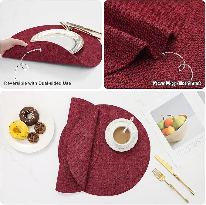 Cotton Linen 15 Inch Round Cloth Place mats, Set of 4, Red | Washable Table Mats, Heat Resistant, Reversible, Wipeable Place Mats for Indoor Outdoor