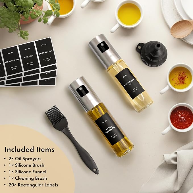 Oil Sprayer Set of 2 – Oil Spray Bottle Made of Stainless Steel & Glass, for Healthy Cooking, Sprayer for Precise Dosage, for Cooking Oil & Vinegar Including 20 Labels, Funnel