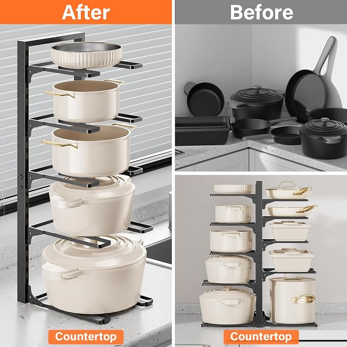 MUDEELA 10-Tier Pots and Pans Organizer under Cabinet, 23.62" H Heavy Duty | Adjustable Pot Rack for Frying Pan, Cast Iron Skillet, Tool-Free Assembly, For Kitchen Cabinets, Shelves and Countertops