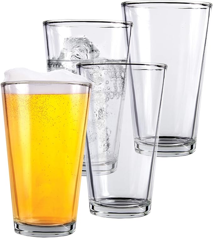Kitchen Lux Pint Beer Glasses Set of 4 (16oz) Tall Clear Drinking Glasses | All Purpose Tumbers – Heavy Base for Ale, Cocktail, Water, Juice – Pub Style Design For Home Dining, Bars, and Parties