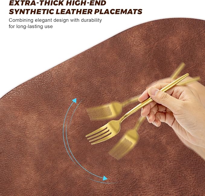 UnivoColors Placemats Round Faux Leather Placemats Set of 6-Waterproof-Wipe Clean-Heat Resistant-Anti Slip Dining Table Place Mats,Suitable for Indoor & Outdoor Use,15".Retro Reddish Brown