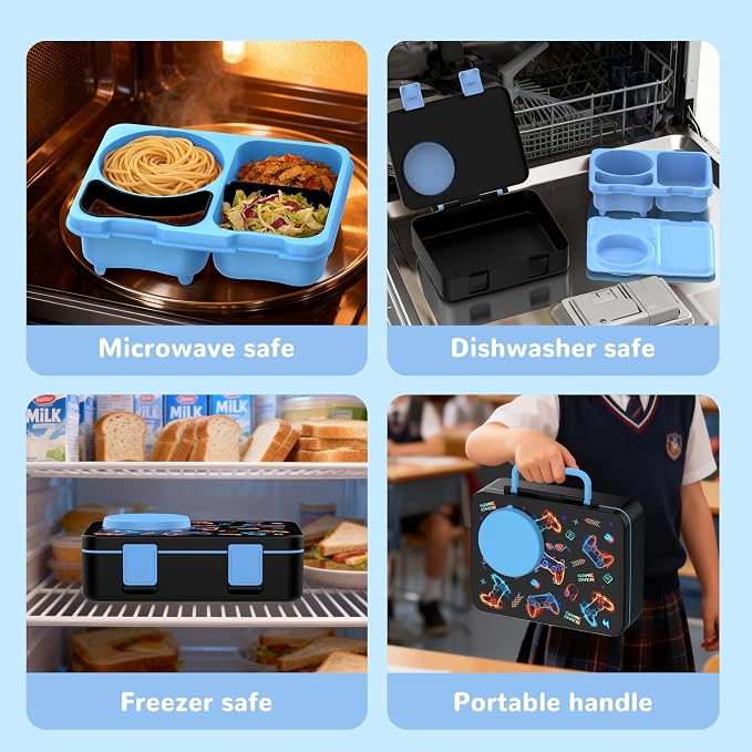 Bento Lunch Box for Kids Adult, Leakproof 3-4 Compartment Bento Box Set with Insulated Food Jar,Water Bottle, Lunch Bag, School Lunch Container for Toddler Teen Girls Boys Ages 3+(Game)