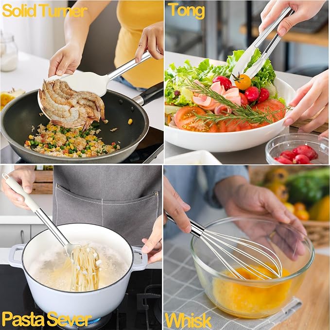 LIANYU 15 Pcs Cooking Kitchen Utensils Set with Stainless Steel Handle | Silicone Kitchen Gadgets with Holder, Heat Resistant Spatula Tools, Brush Spoon Tong Whisk Ladle Turner for Cookware, White