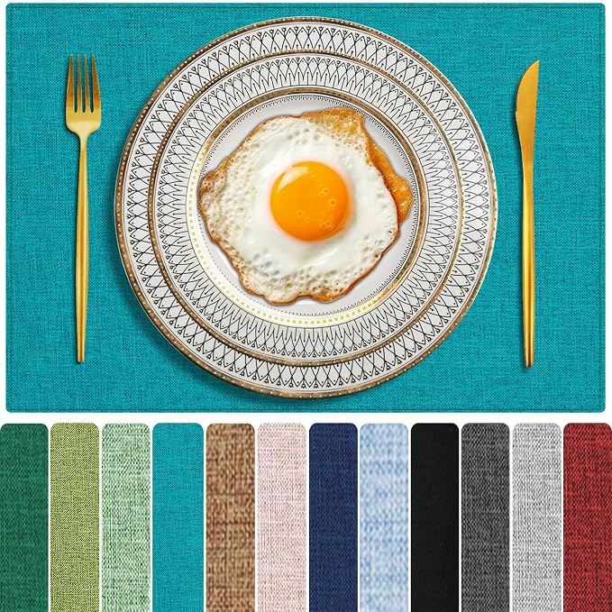 Cloth Placemats Set of 4, Cotton Linen Blend Place Mats, Teal | Machine Washable, Double Layered, Heat Resistant, Fabric Dining Table Mats for Kitchen, Indoor & Outdoor, 13" x 19"