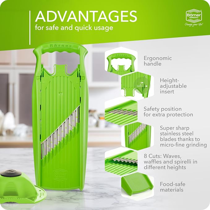 Börner by Reston Lloyd Wave-Waffle Power Line • Crinkle Cut/Spirelli Vegetable Slicer & Food Safety Holder • Slicer for Wave Waffle Cut Style • Multiple Thickness Options • Made in Germany, Green