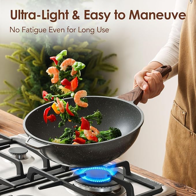 SENSARTE Nonstick Wok Pan with Lid 11Inch, Healthy Stir-fry Pan Chef's Pan | Induction Cookware, Swiss Granite Coating, Even & Fast Heating, Non stick Frying Pan Skillet, Stay-cool Handle, PFOA Free
