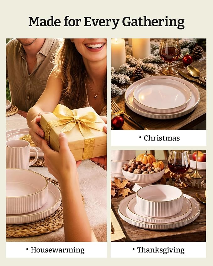 Famiware Stoneware Dinnerware Sets for 8, Rimmed Plates, Bowls, Pink Dishes | 24-Piece Chip & Scratch Resistant Ceramic, Microwave & Dishwasher Safe, Everyday & Formal Dining, Modern Rustic, Lipped Edges