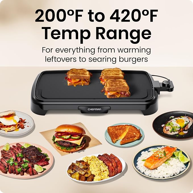Chefman XL Electric Griddle with Removable Temperature Control, Immersible Flat Top Grill, Burger, Eggs, Pancake Griddle, Nonstick Extra Large Cooking Surface, Slide Out Drip Tray, 10 x 20 Inch